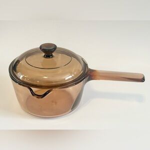 Corning Vision Ware 1 Liter Amber Sauce Pan PYREX Lid Pouring Spout USA